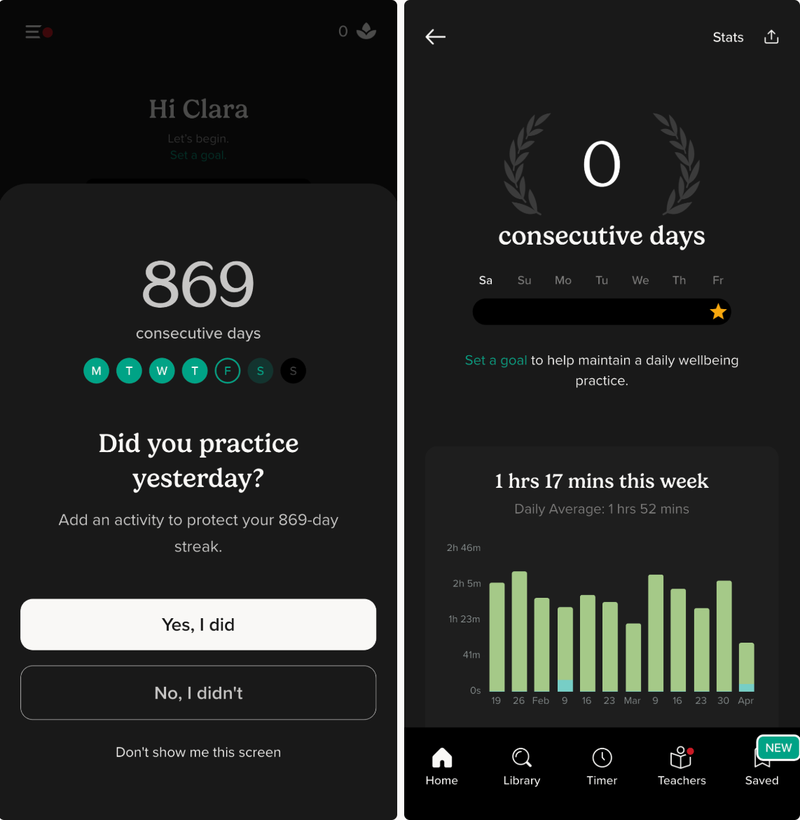 Two side-by-side screenshots of the Insight Timer app. One shows 869 consecutive days, the other shows 0.