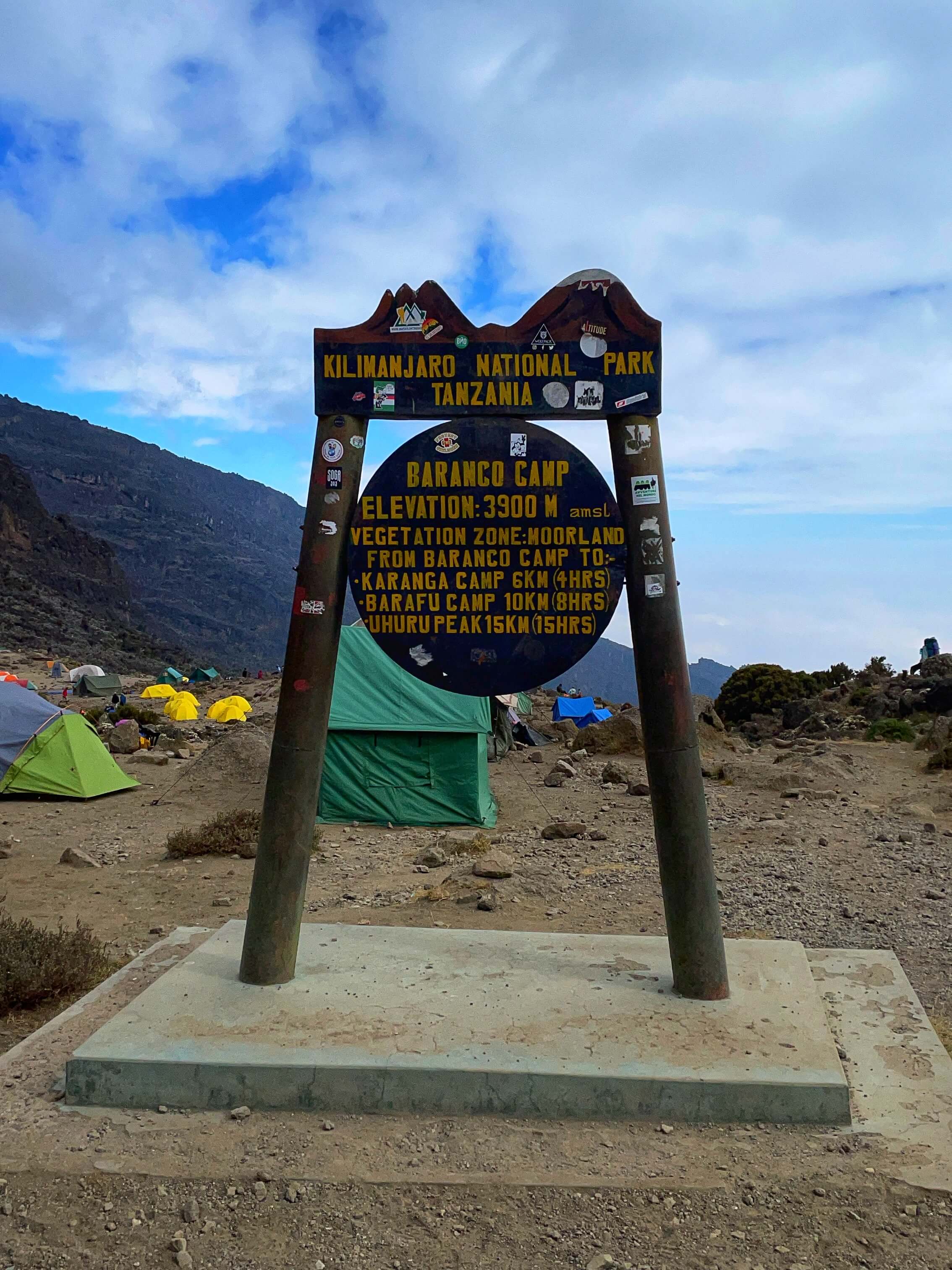 Baranco Camp Sign. Elevation: 3900 meters above sea level.