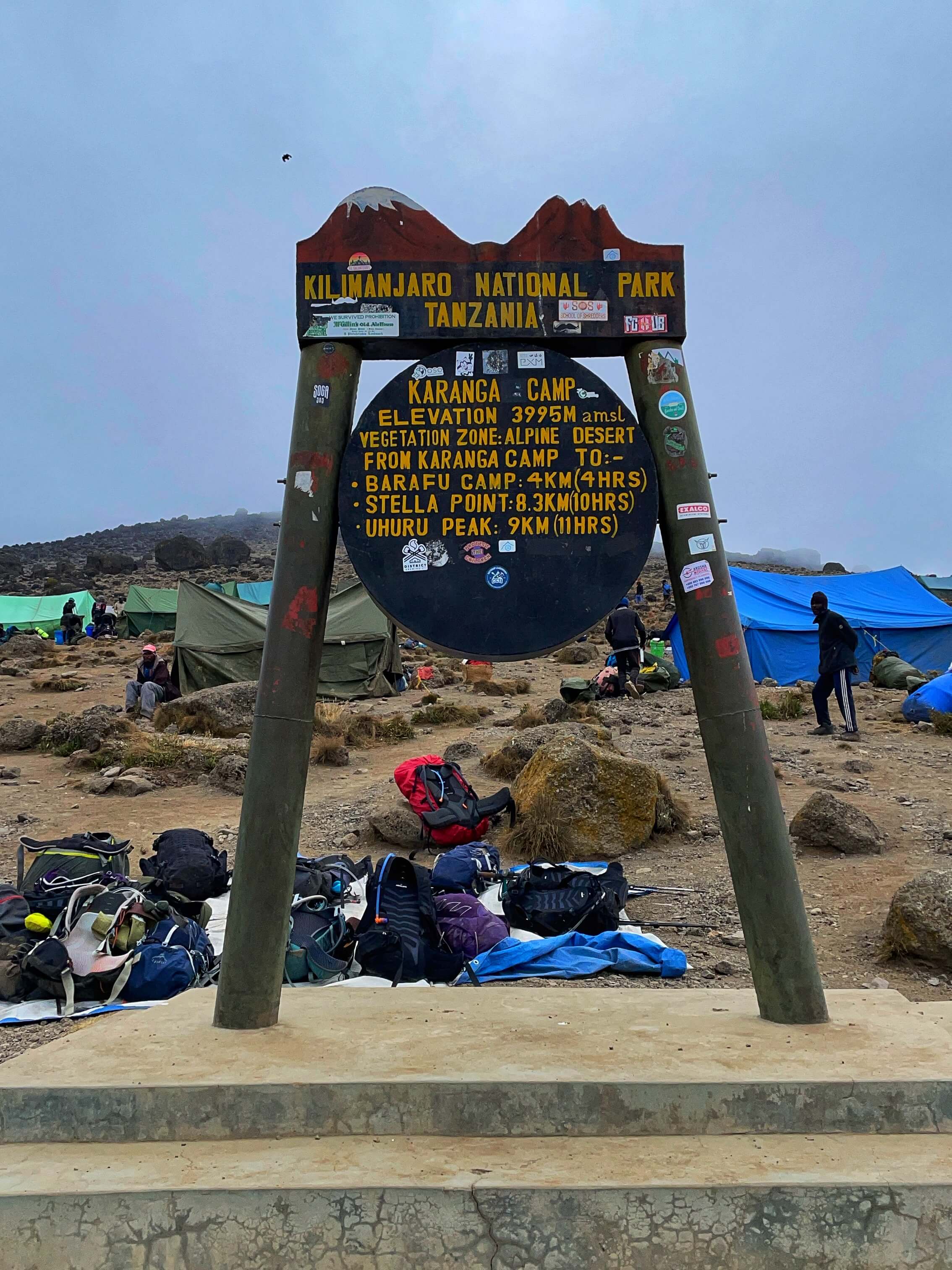 Karanga Camp sign, Elevation: 3995 meters above sea level.