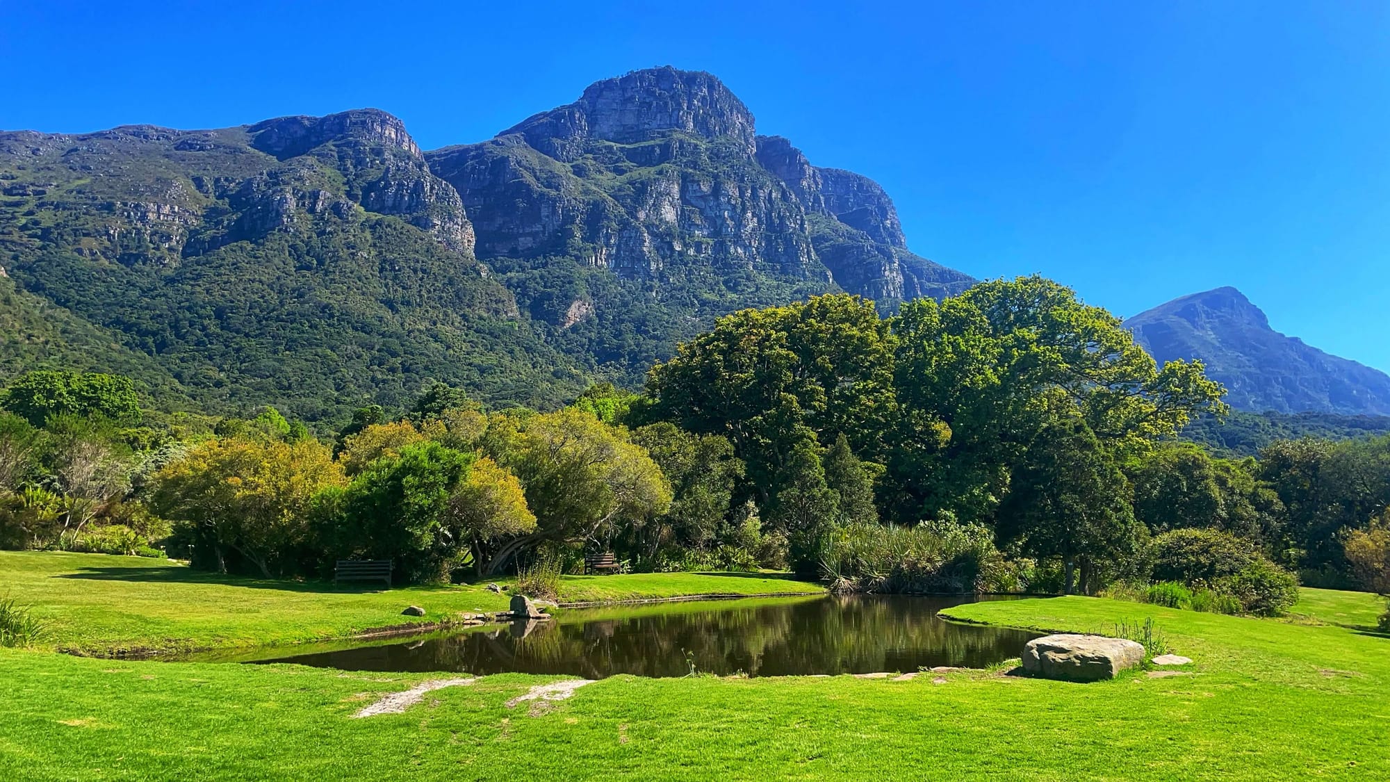 A lake in the middle of a green lawn with trees in the foreground, with a distinctly flat mountain rising up in the background.