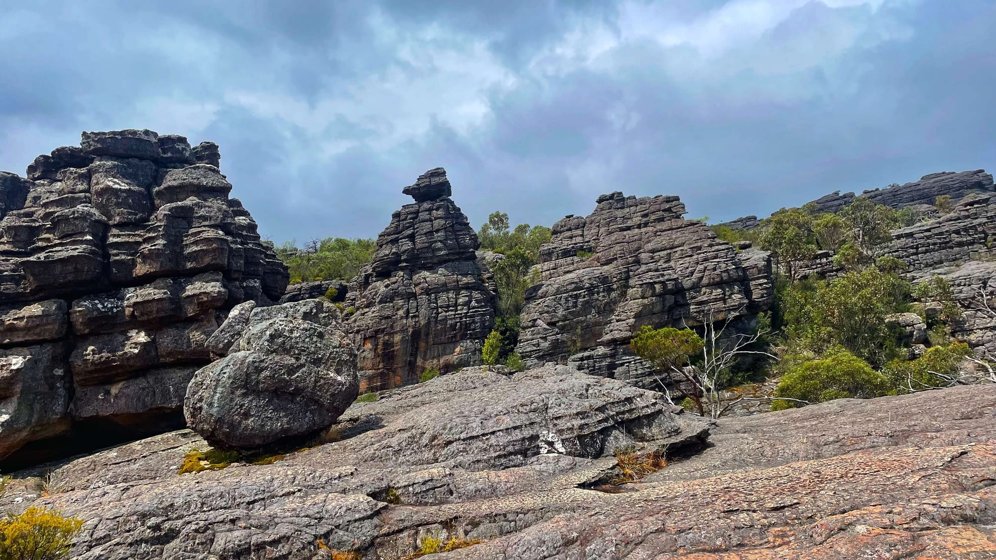 Sandstone boulders appear to have ridged layers, moving in a diagonal up the landscape.