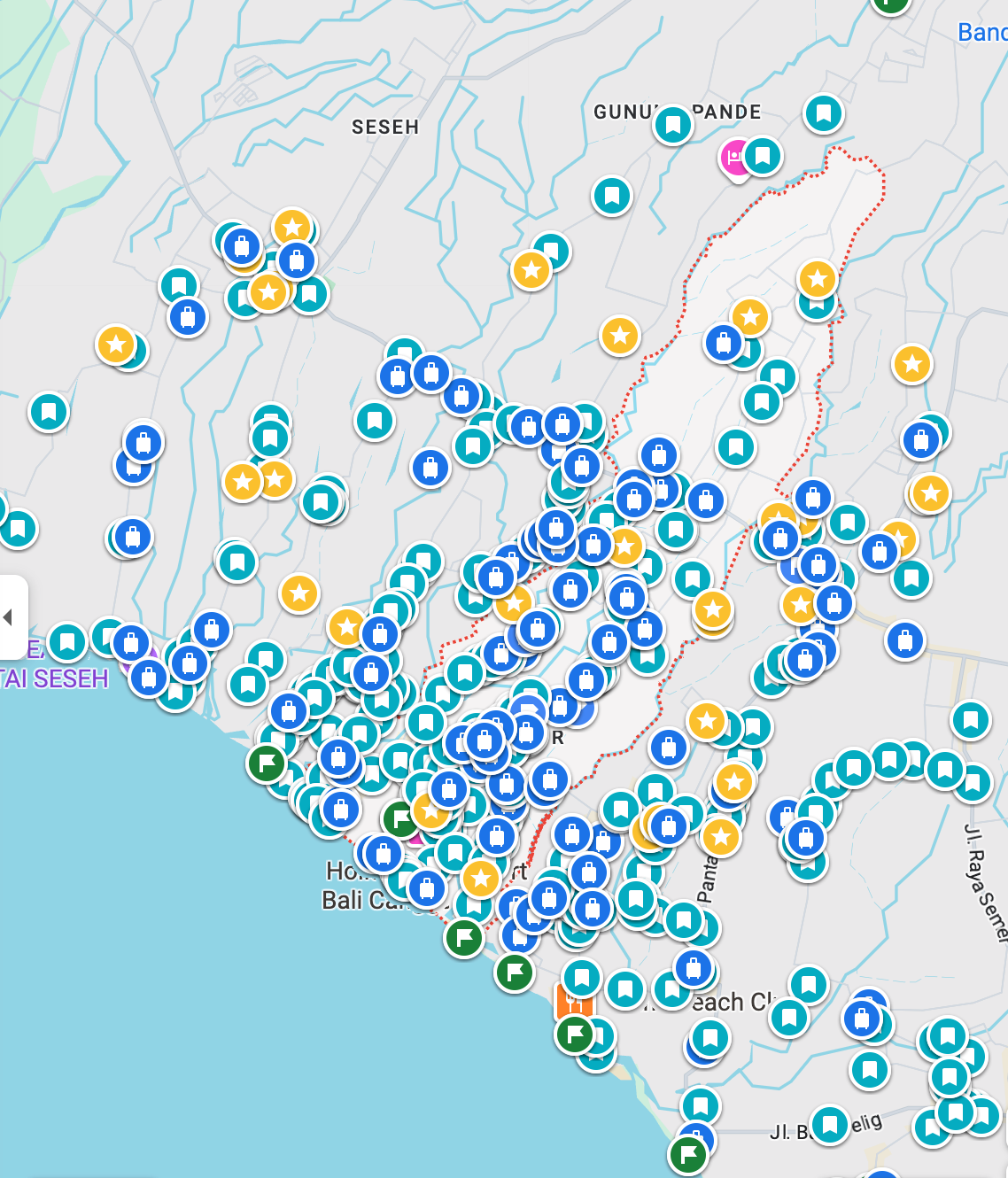 A Google Maps screenshot of a neighborhood in Bali with over 100 saved pins.