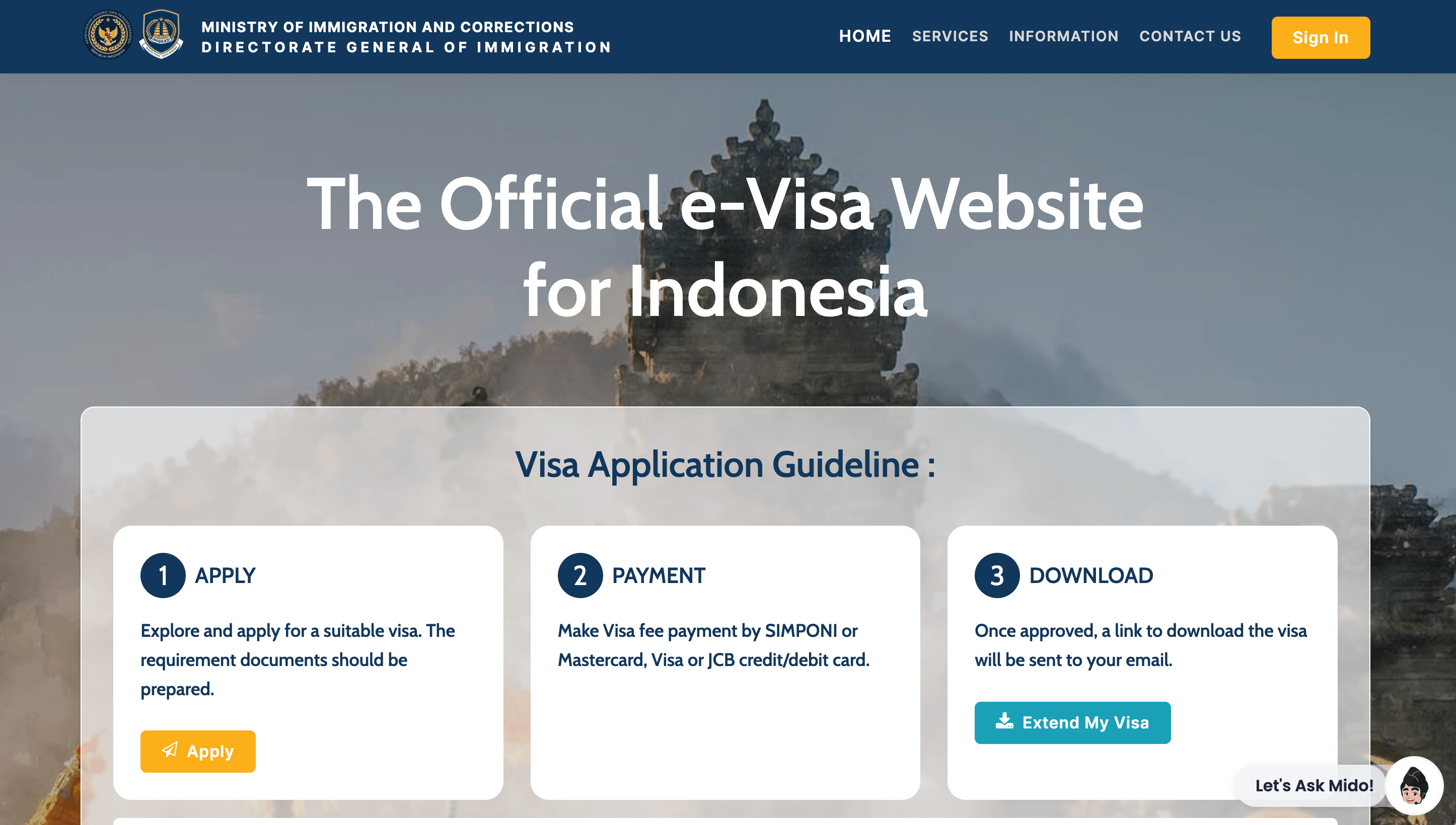 A screenshot of the official e-visa website for Indonesia, detailed a simple 3-step process. 