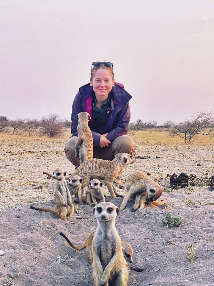 Clara Ritger smiles at the camera. In front of her are a group of meerkats. One looks at the camera too.