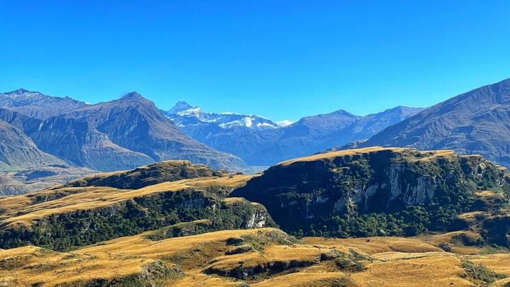 Yellow grassy covered slopes carved into the foreground of tall mountains hazed with purple under a blue sky.